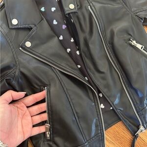H&M Black Faux Leather Jacket with Heart Print Lining